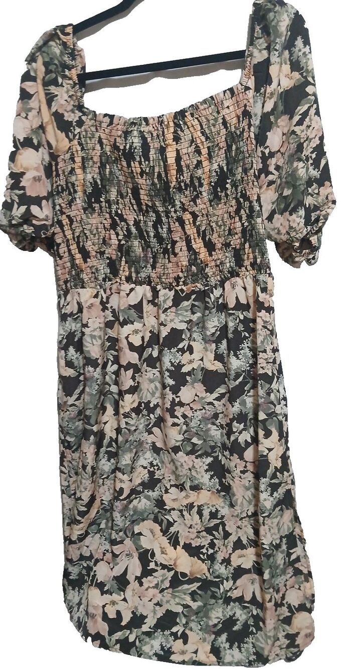 Maurices Womens Floral Dress Black Ruched Top Square Neckline Side Slit Maxi 3xl